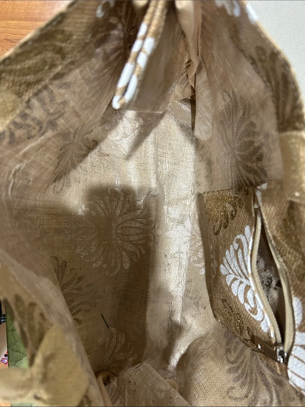 Beach Tote - Canvas Tote Bag with White Damask Print - Tan NWOT